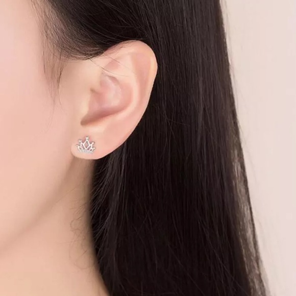 Sterling Silver 925 Crown Stud Earrings - Picture 2 of 4
